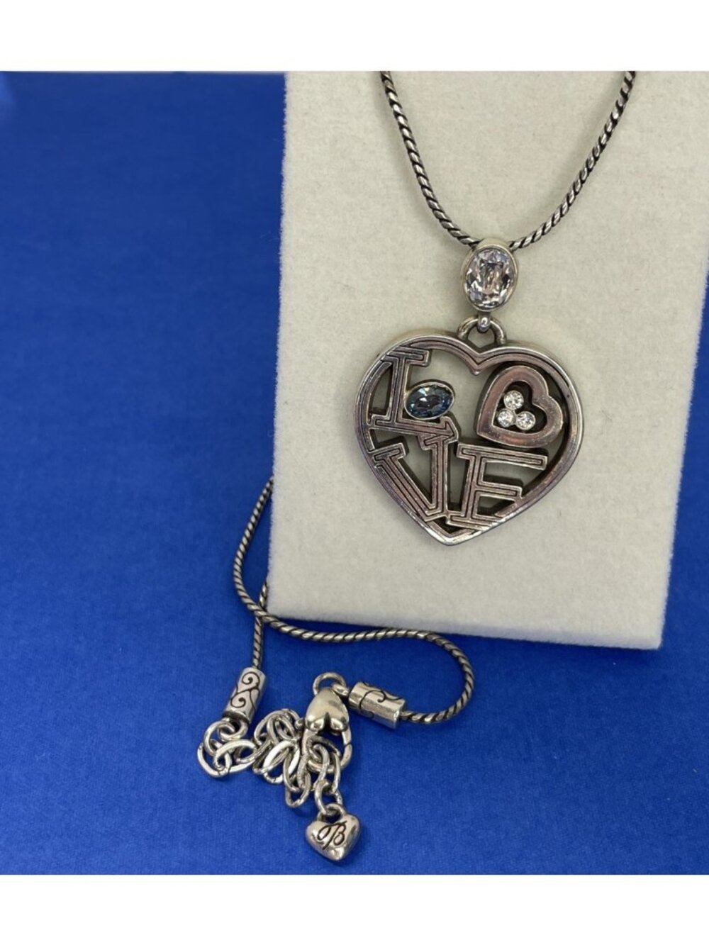 Brighton Silver-tone Spell Out Love Heart 18” Necklace Blue Clear
